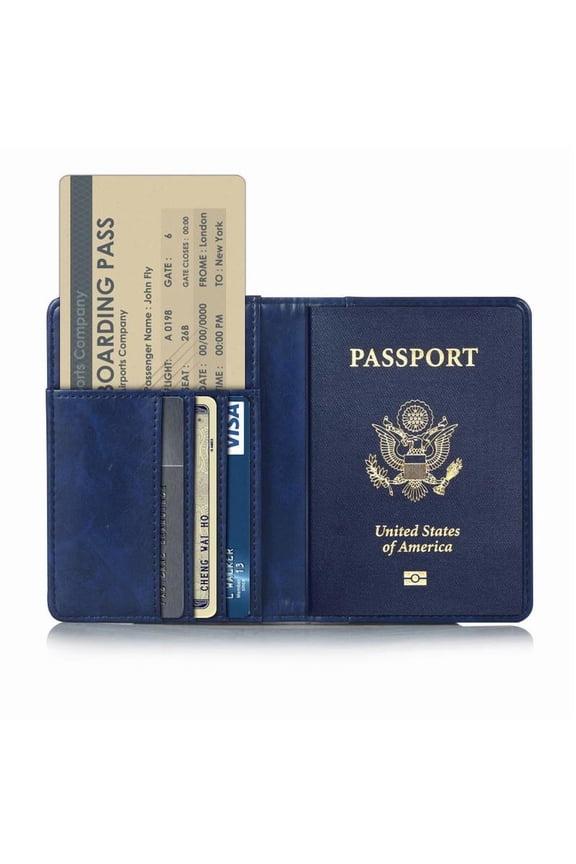 Passport Holder Travel Wallet RFID Blocking Case Cover - Minimalist Premium PU Leather Passport Wallet Holder, Passport, ID, Card and Boarding Pass Holder Travel Organizer (Navy Blue)