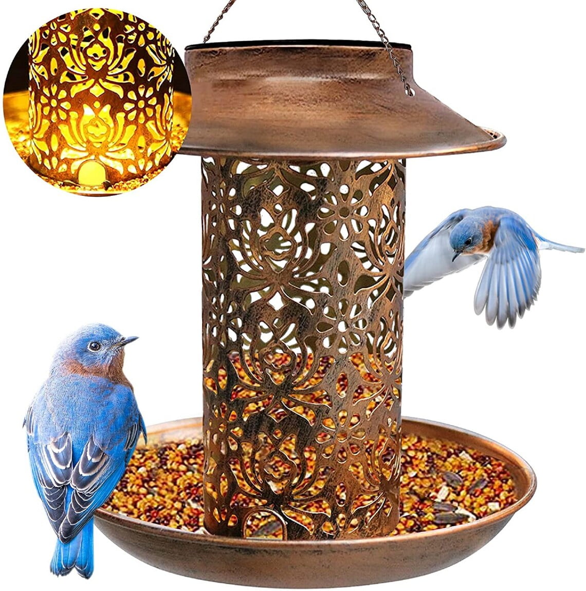 EpicGadget Solar Bird Feeder Hanging with LED Solar Powered Light for Outside Garden Decor Waterproof Retro Metal Garden Lantern Birdfeeders for Yard Outdoor Home Decoration