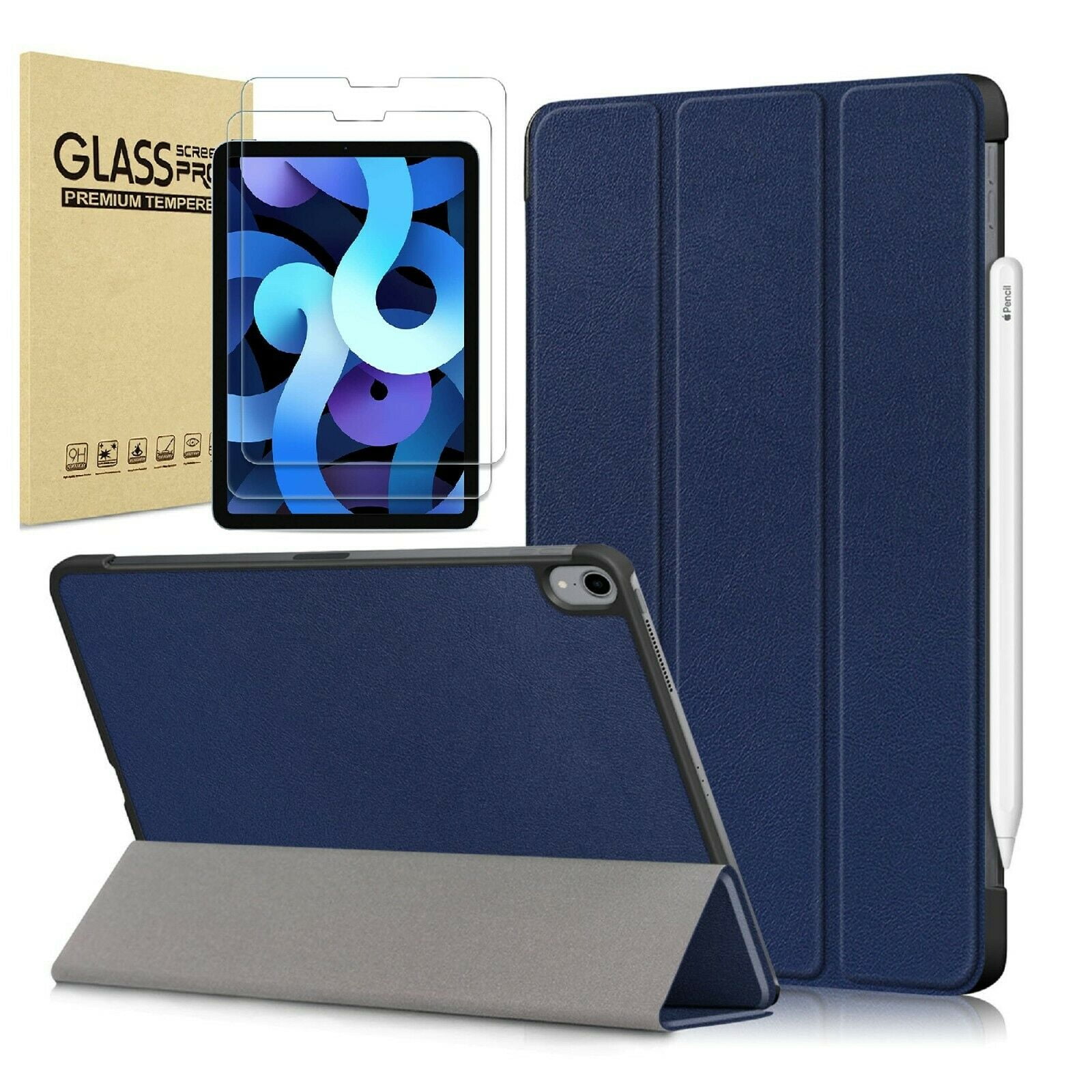 EpicGadget iPad Air 5 Case (5th Gen 2022)/ iPad Air 4 Case (4th Gen 2020) 10.9 with 2 PCS Tempered Glass Screen Protector for 10.9-inch iPad Air, Smart Cover Support Apple Pencil Charging (Navy Blue)