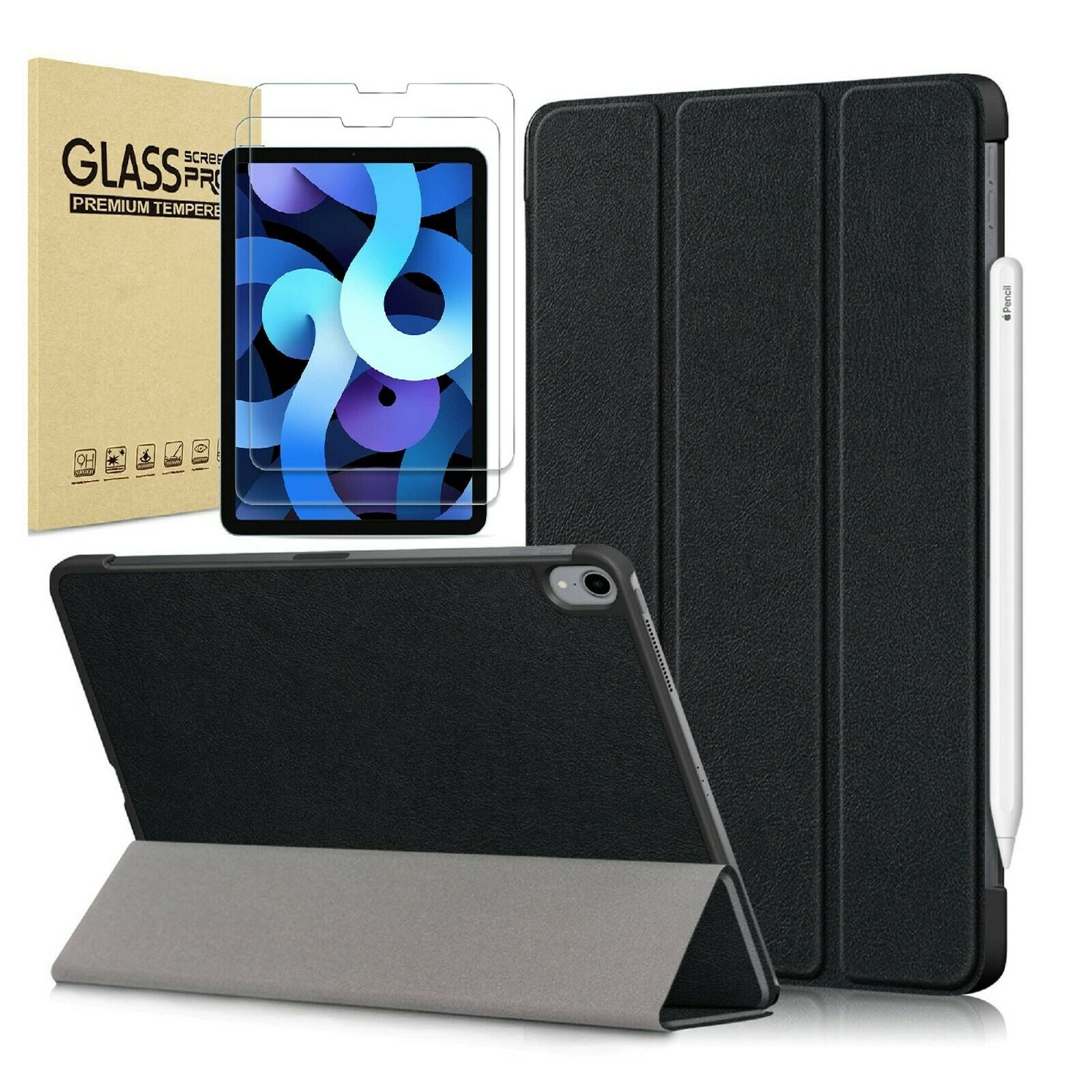 EpicGadget iPad Air 5 Case (5th Gen 2022)/ iPad Air 4 Case (4th Gen 2020) 10.9 with 2 PCS Tempered Glass Screen Protector for 10.9-inch iPad Air, Smart Cover Support Apple Pencil Charging (Black)