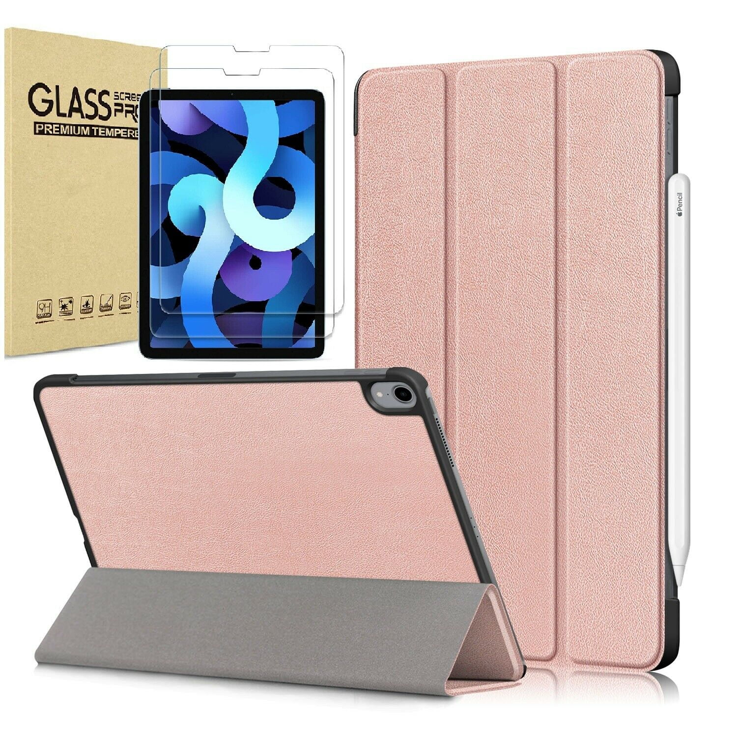 EpicGadget iPad Air 5 Case (5th Gen 2022)/ iPad Air 4 Case (4th Gen 2020) 10.9 with 2 PCS Tempered Glass Screen Protector for 10.9-inch iPad Air, Smart Cover Support Apple Pencil Charging (Rose Gold)