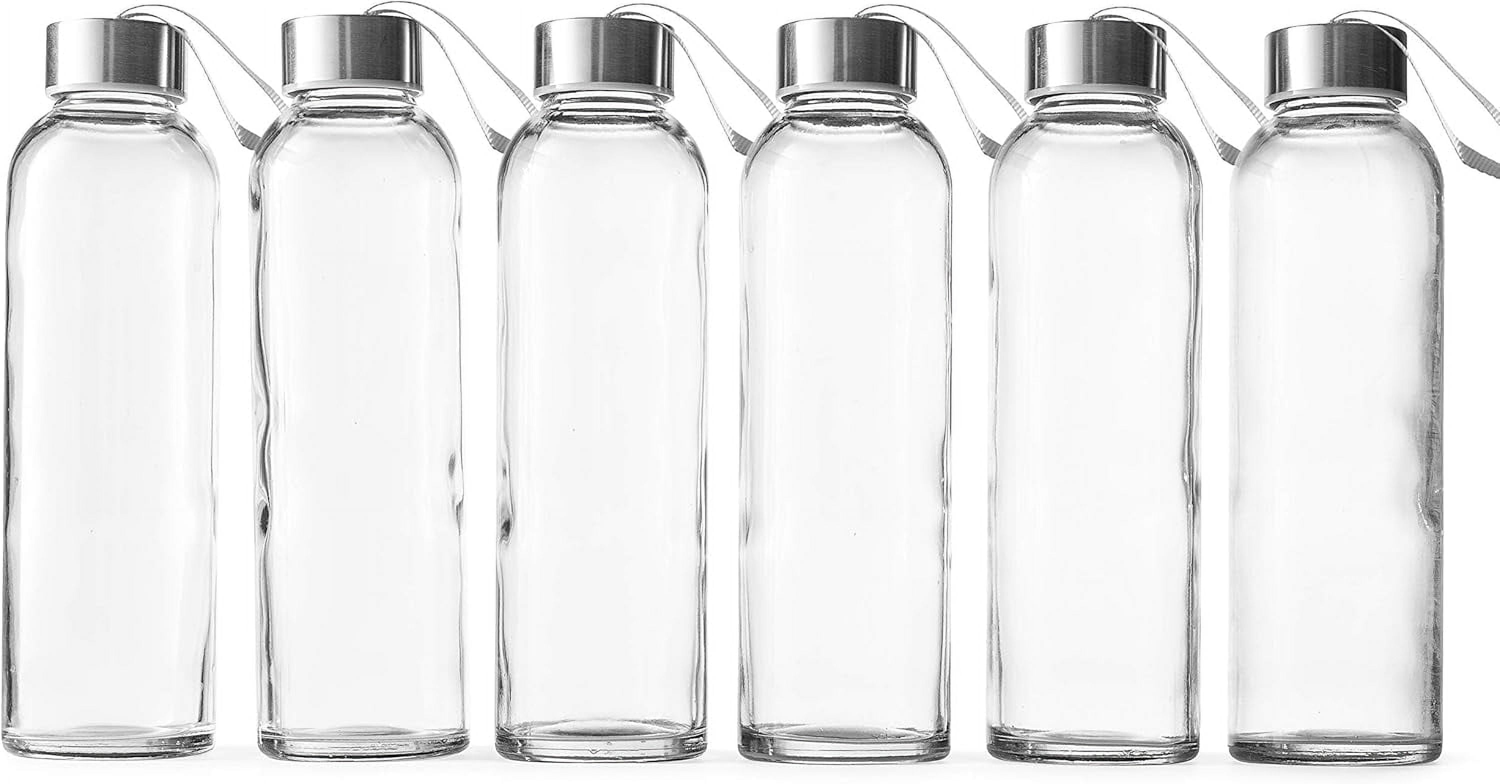 Epica Glass Water Bottle Reusable Glass Juice Bottles with Lids and Carry Loops, 18 fl oz, 6-Pack
