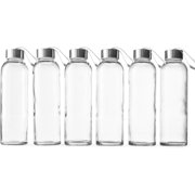 Epica Glass Water Bottle Reusable Glass Juice Bottles with Lids and Carry Loops, 18 fl oz, 6-Pack