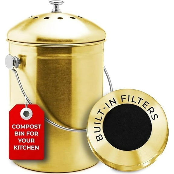 Epica Countertop Compost Bin with Lid, Odorless Composting Bin with Carbon Filters, 1.3 Gallon, Gold