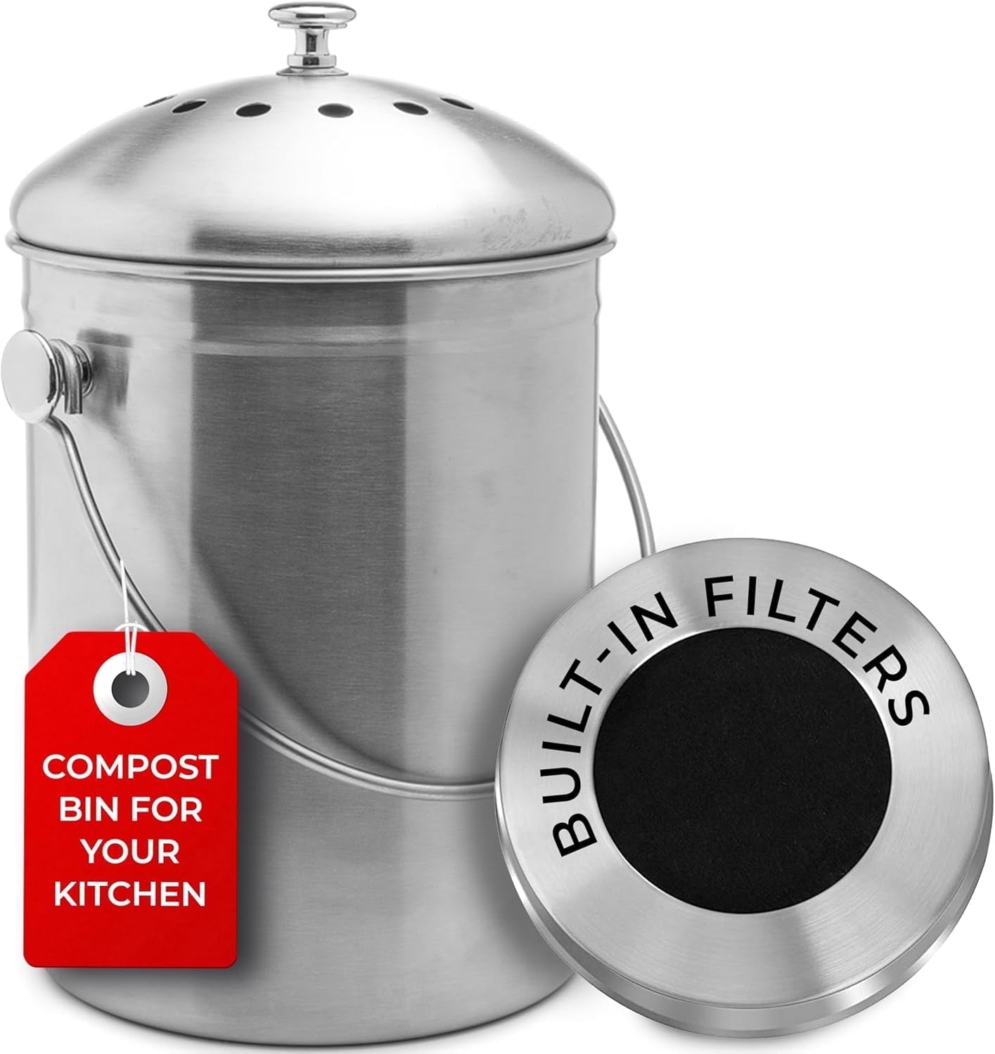 1.5 Gallon Gray Metal Compost Bin with Airflow Lid and One Charcoal Filter 1.5 Gallon Gray Metal Compost Bin with Airflow Lid and One Charcoal Filter