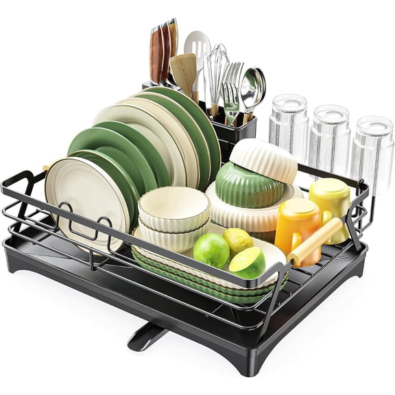 Epicano Dish Drying Rack for Kitchen Counter - Large Capacity Dish Rack with Wooden Handle,Cup Holder & Knife Slots, Rustproof Dish Drainer with Auto-Drainage System, Kitchen Sink Organizer, Black