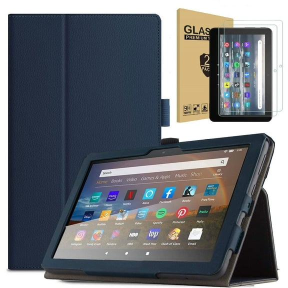Epicgadget Amazon Fire 7 (2022) Case with Screen Protector, PU Leather Stand Cover for Amazon Kindle Fire 7 inch Tablet 12th Generation (2022 Release) with 2 Pieces Fire 7 Tempered Glass (Blue)