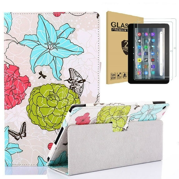 Epicgadget Amazon Fire 7 (2022) Case with Screen Protector, PU Leather Stand Cover for Amazon Kindle Fire 7 inch Tablet 12th Generation (2022 Release) with 2 Pieces Fire 7 Tempered Glass (Flower)