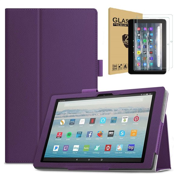 Epicgadget Amazon Fire 7 (2022) Case with Screen Protector, PU Leather Stand Cover for Amazon Kindle Fire 7 inch Tablet 12th Generation (2022 Release) with 2 Pieces Fire 7 Tempered Glass (Purple)