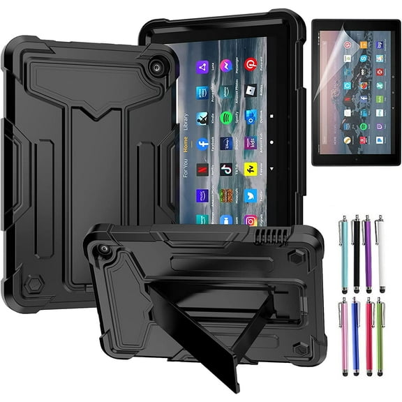 Epicgadget Case for Amazon Fire 7 (12th Gen, 2022 Release) 7" Display - Heavy Duty Hybrid Case Cover with Kickstand + 1 Fire 7 Inch (2022) Screen Protector and 1 Stylus (Black/Black)