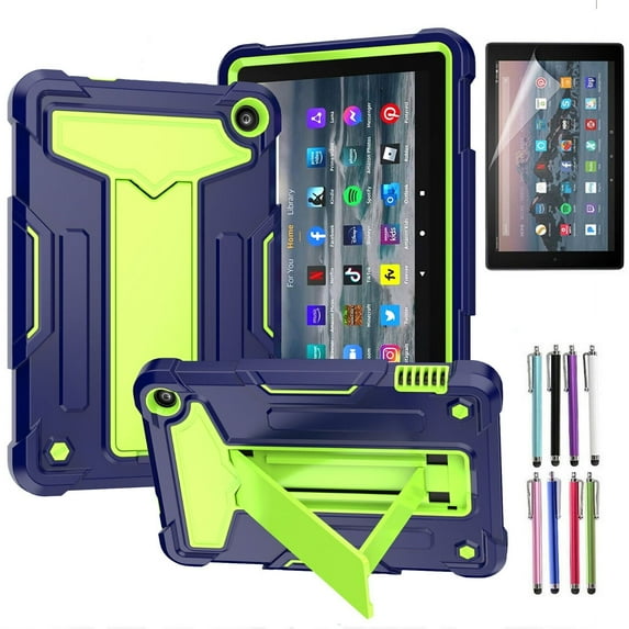 Epicgadget Case for Amazon Fire 7 (12th Gen, 2022 Release) 7" Display - Heavy Duty Hybrid Case Cover with Kickstand + 1 Fire 7 Inch (2022) Screen Protector and 1 Stylus (Navy Blue/Green)