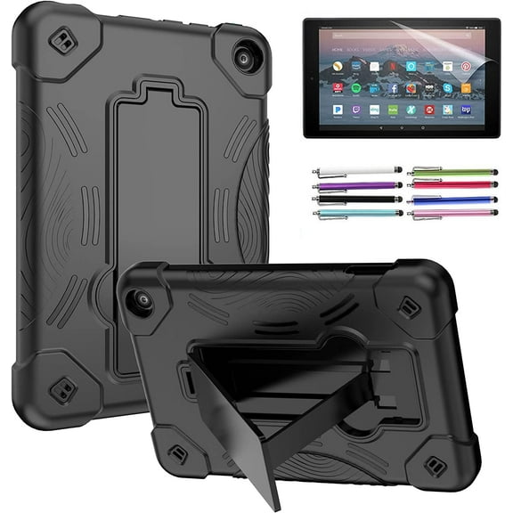 Epicgadget Case for Amazon Fire 7 (12th Generation, 2022 Released) - Hybrid Case Cover with Kickstand for All-New Fire 7 inch Tablet + 1 Screen Film and 1 Pen (Black/Black)