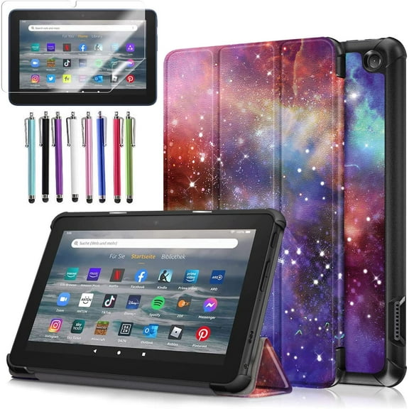 Epicgadget Case for Amazon Fire 7 Inch Tablet (12th Generation, 2022 Released) - Lightweight Slim Shell Tri-fold Stand Auto Wake/Sleep Folio Cover Case + 1 Screen Protector and 1 Stylus (Galaxy)