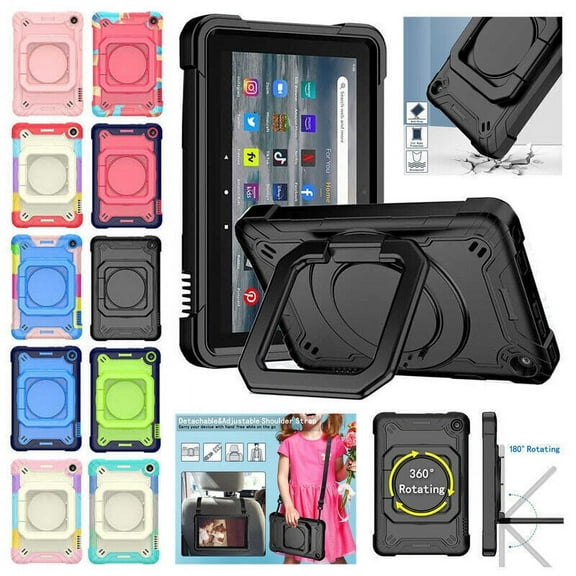 Epicgadget Case for Amazon Fire 7 Tablet 7” Display (12th Generation,2022 Release) Hybrid Shockproof 360 Rotating Multi-Functional Ring Stand Case with Shoulder Strap Kid-friendly (Black/Black)