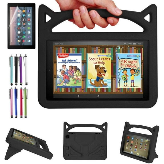 Epicgadget Case for Amazon Fire HD 8 / Fire HD 8 Plus (12th Generation, 2022 Released) - Lightweight Shockproof Handle with Stand Kids EVA Cover Case + 1 Screen Protector and 1 Stylus (Black)