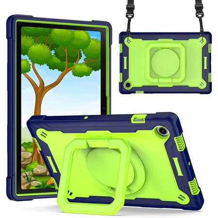 Epicgadget Case for Samsung Galaxy Tab A8 10.5 Inch (SM-X200/SM-X205/SM-X207) 2022 Released - Protective Hybrid Shockproof 360 Rotating Ring Stand Cover Case with Shoulder Straps (Navy Blue/Green)