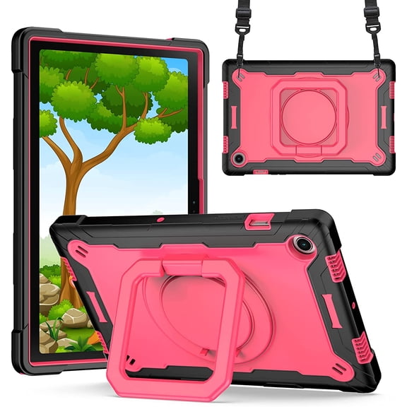Epicgadget Case for Samsung Galaxy Tab A8 10.5 Inch (SM-X200/SM-X205/SM-X207) 2022 Released - Protective Hybrid Shockproof 360 Rotating Ring Stand Cover Case with Shoulder Straps (Black/Pink)