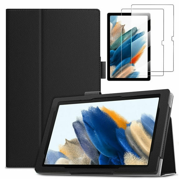 Epicgadget Case for Samsung Galaxy Tab A8 10.5” SM-X200/X205/X207 (Released in 2022) with 2PCS Tempered Glass Screen Protector, Lightweight Slim PU Leather Stand Auto Wake/Sleep Folio Cover (Black)
