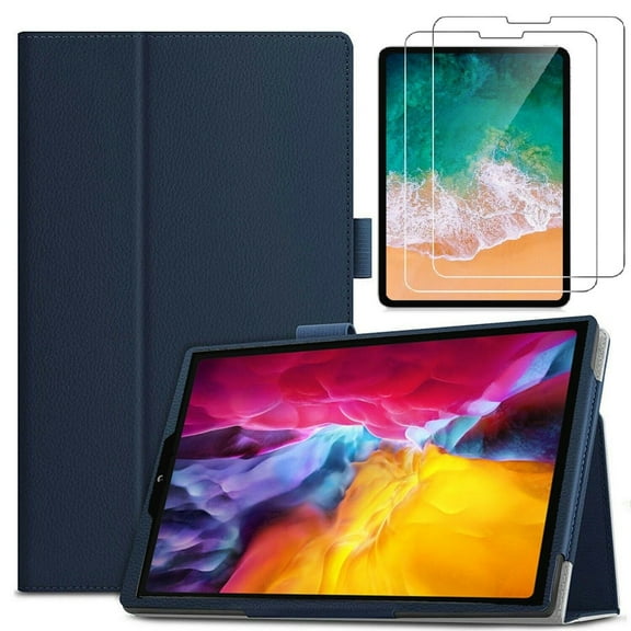 Epicgadget Case for iPad Air 5 10.9 Inch (2022) / iPad Air 4 10.9 Inch (2020) / iPad Pro 11 11 Inch (2021) Auto Wake/Sleep PU Leather Stand Cover with 2 Pieces Glass Screen Protector (Navy Blue)