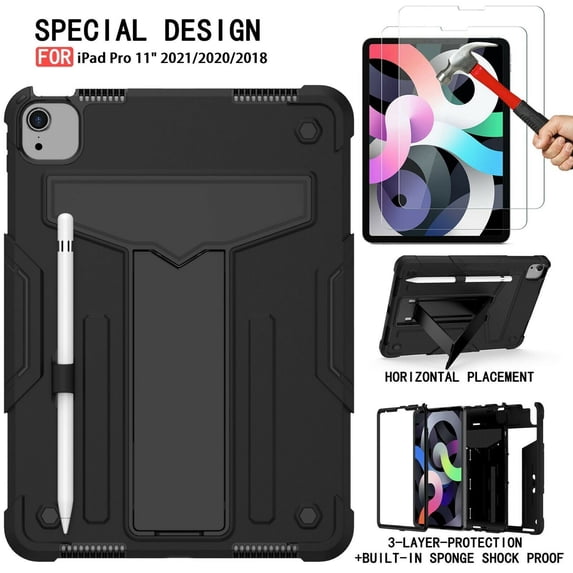 Epicgadget Case for iPad Pro 11-Inch 2021/2020/2018 Model with Tempered Glass - Stand Heavy Duty Shockproof Cover with 2 Pieces Screen Protector Film for iPad Pro 11" 3rd/2nd/1st Gen (Black/Black)
