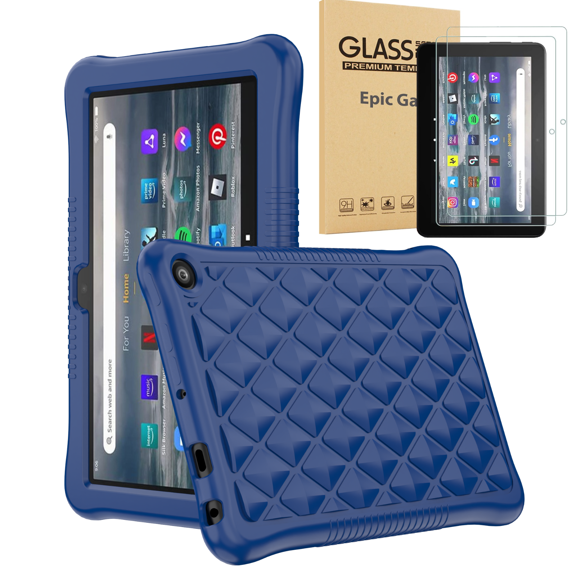Epicgadget Fire 7 Silicone Case + 2PCS Glass Screen Protector for Amazon Fire 7 inch Tablet (12th Generation, 2022 Release) - Soft Lightweight Shockproof Blue Cover with 2PCS Tempered Screen Protector