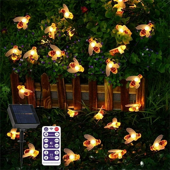 Epicgadget Solar Bee String Lights, 50 LED Solar Whimsical Orange Honey Bee Lights with 8 Lighting Modes Waterproof Outdoor String Lights for Garden Patio Yard (Warm White)