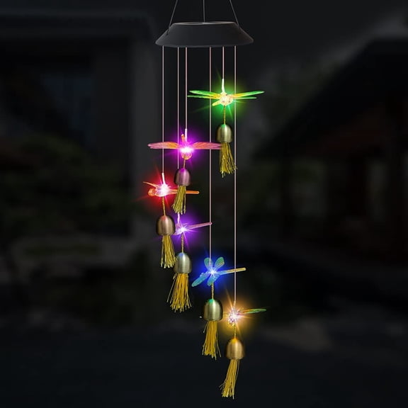 Epicgadget Solar Mobile Light Hanging Wind Chime with Bells, Color Changing Outdoor Solar Garden Decorative Lights for Walkway Pathway Backyard Decoration Parties (Green Wing Dragonfly)