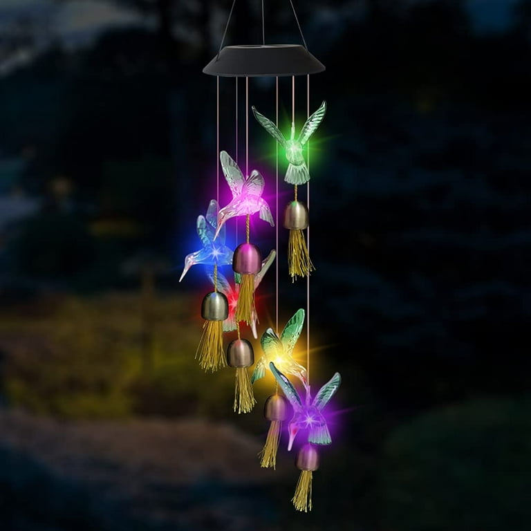 Epicgadget Solar Mobile Light Hanging Wind Chime Hummingbird with Bells Color Changing Outdoor Solar Garden Decorative Lights for Walkway Pathway