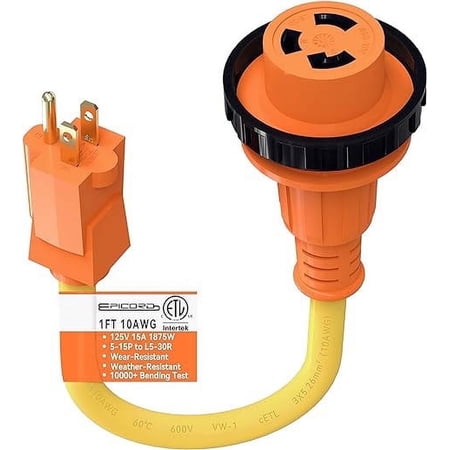 Epicord 15Amp Male to 30Amp Female Dogbone Adapter RV Electrical Converter Cord Cable-Orange