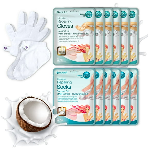 Epielle Intensive Repairing Hand & Foot Masks (6 Gloves & 6 Socks) for Dry Hands & Cracked Heels, Coconut Oil and Milk Extract, Mother's Day Gifts, Teacher's Appreciation C33