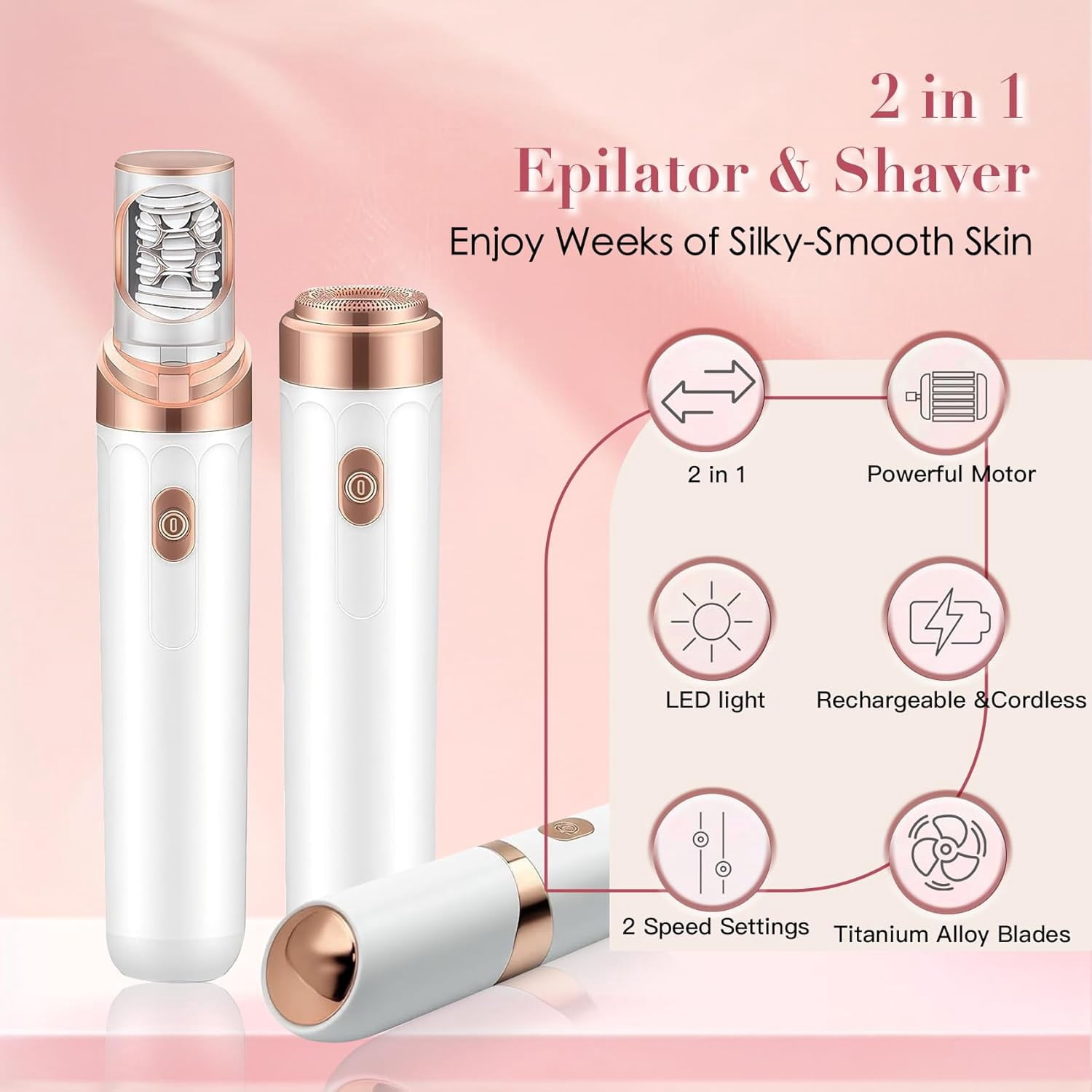 Epilator for Women, 2 in 1 Epilator & Shaver, Facial Hair Removal Device with LED Light,Portable Lady Shaver for Face, Underarms, Legs, Travel Use（White）