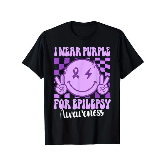 Epilepsy Awareness T-Shirt for Men - I Wear Purple Graphic Tee with joyful Face & Lightninglaxed Machine Washable, Sizes S-XXXL, Casual Casual Attire, Checkered Pattern Design, Breathable Fabric
