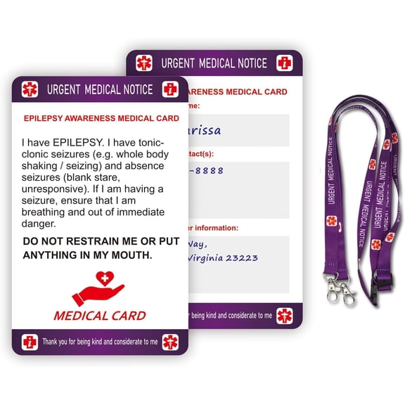 RAYCCI 2Pcs Epilepsy Medical Information Card with Writable Panel & Patterned Lanyard, Standard Size Emergency Contact Card