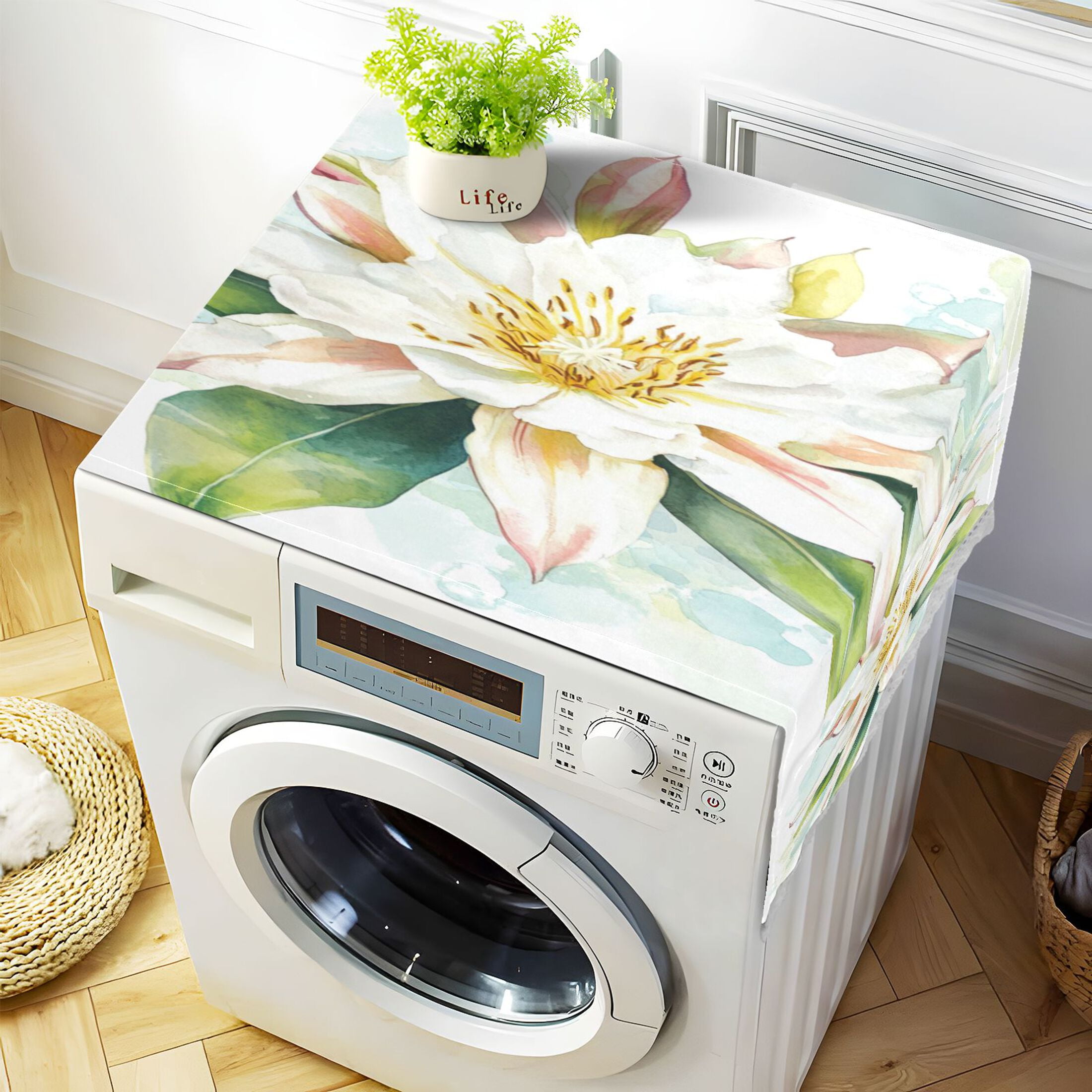 Epiphyllum OxypetalumWasher and Dryer Covers Dust-Proof and Oil Resistant Fridge Cover with 4 Storage Pockets Washing Machine Top Cover for Laundry Kitchen Home 51.2 x 22 In