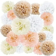 EpiqueOne 20-Piece Paper Pom Poms Party Kit – Tissue Pom Pom Decorations; Birthday Party Decorations - Bridal Shower – Baby Shower - Easy to Assemble and Install; White, Ivory, Peach and Champagne