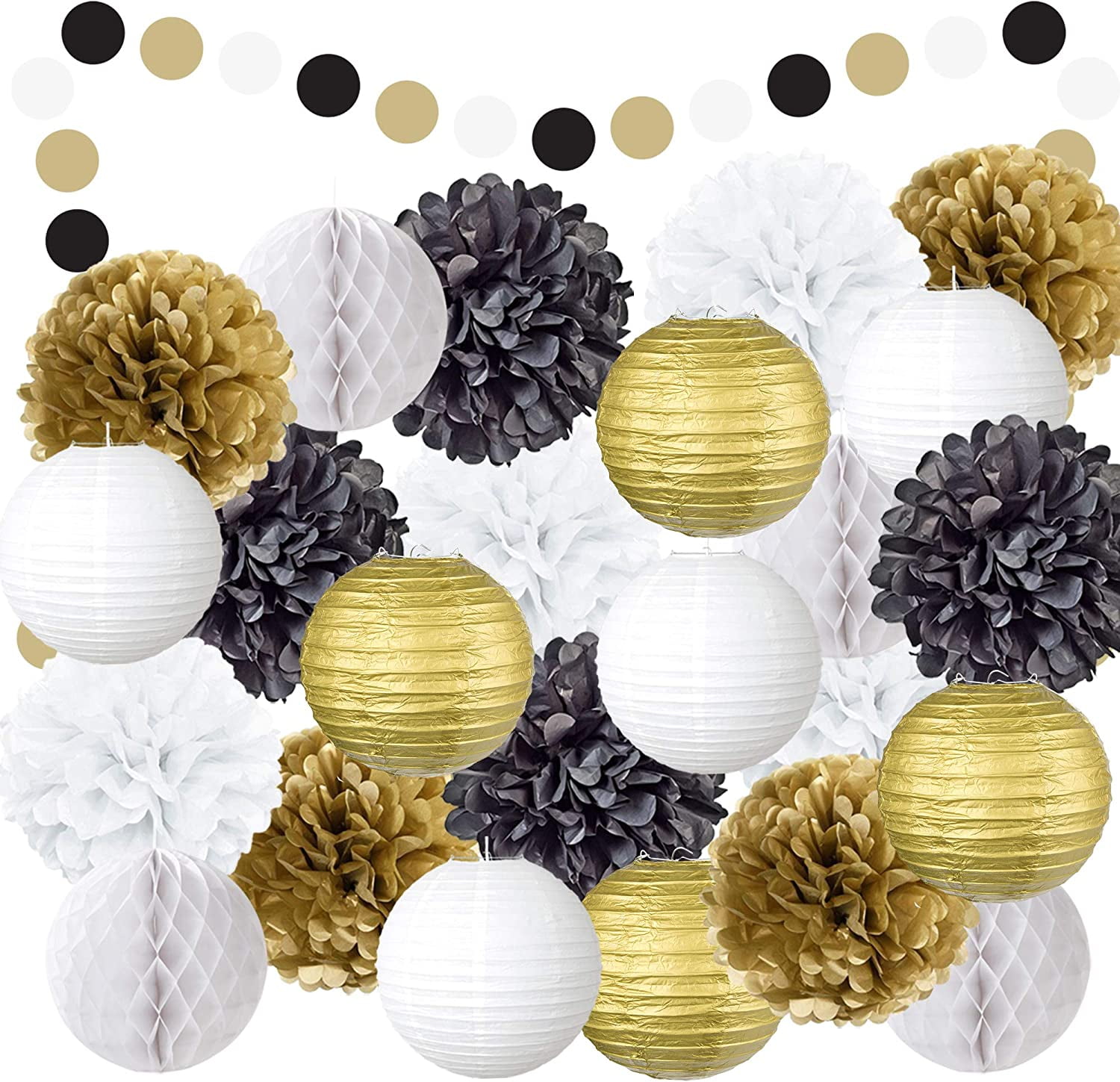  Happy New Year Party Decorations Black White Gold Tissue Paper  Pom Pom Paper Lanterns for Great Gatsby Decorations/New Year's Eve  Party/Birthday Decorations/Bridal Shower Decorations : Home & Kitchen