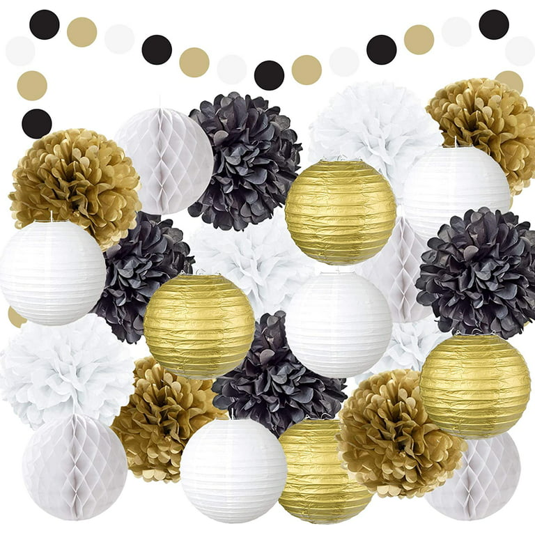 EpiqueOne 22pc Black, White, and Gold Decorative Party Decoration Kit with  Paper Pom Poms and Lanterns 