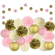 EpiqueOne 22pc Black, White, and Gold Decorative Party Decoration Kit with Paper Pom Poms and Lanterns