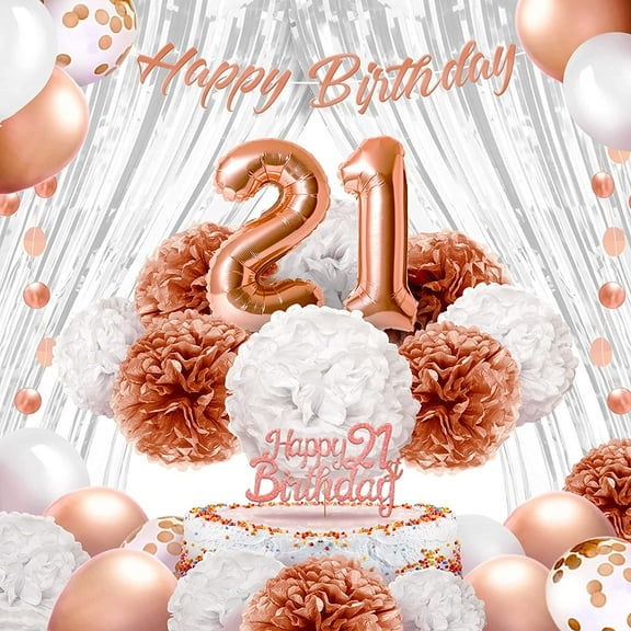 EpiqueOne  41 Piece Rose Gold 21st Birthday Party Kit  Rose Gold Happy Birthday Banner & Cake Topper, Circle Garland, Pom Poms, Balloons, Shiny Curtains  Party Decorations for Women, Girls