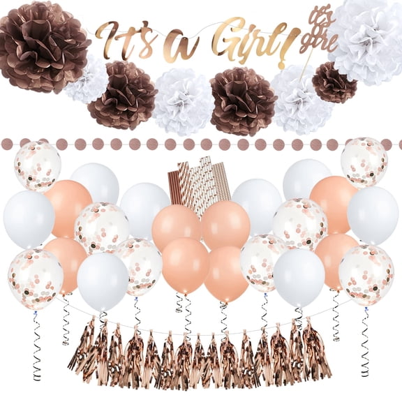 EpiqueOne - 52 Piece Rose Gold Decor Baby Shower Decorations for Girl Balloon Garland - Princess Baby Shower Decorations, Its a Girl Banner for Gender Reveal, Boho Party Decor Baby Kit, Paper Straws