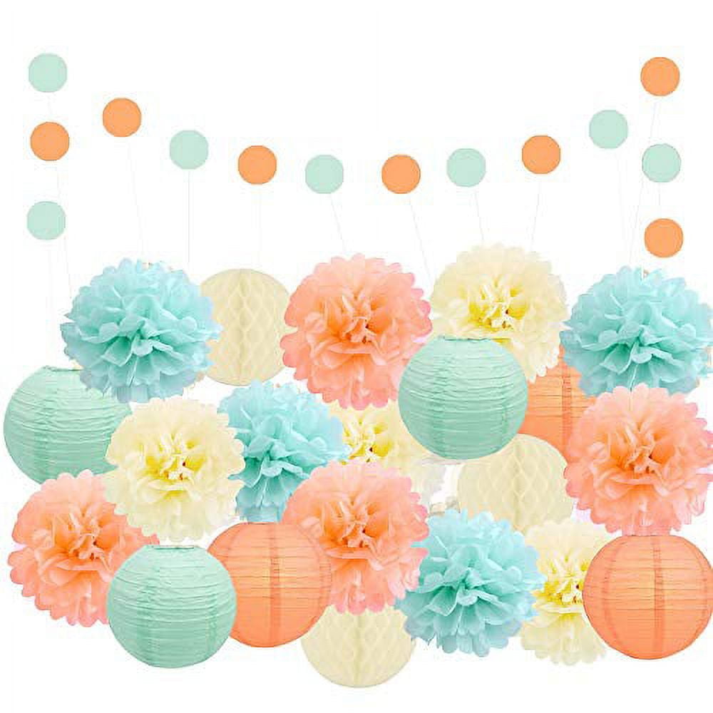 Mint, Peach, and Ivory 22-Piece Tissue Paper Pom Poms and Lantern Kit