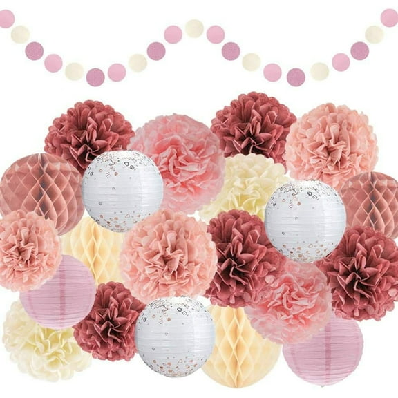 EPIQUEONE Tissue Paper Pom Poms Set - Vibrant Mauve Honeycomb Party Decor & Paper Puffs - Mauve Lanterns & Decorative Honeycomb Balls - Easy Setup & Outdoor Party Decor - 22-Piece Set, 4 Colors