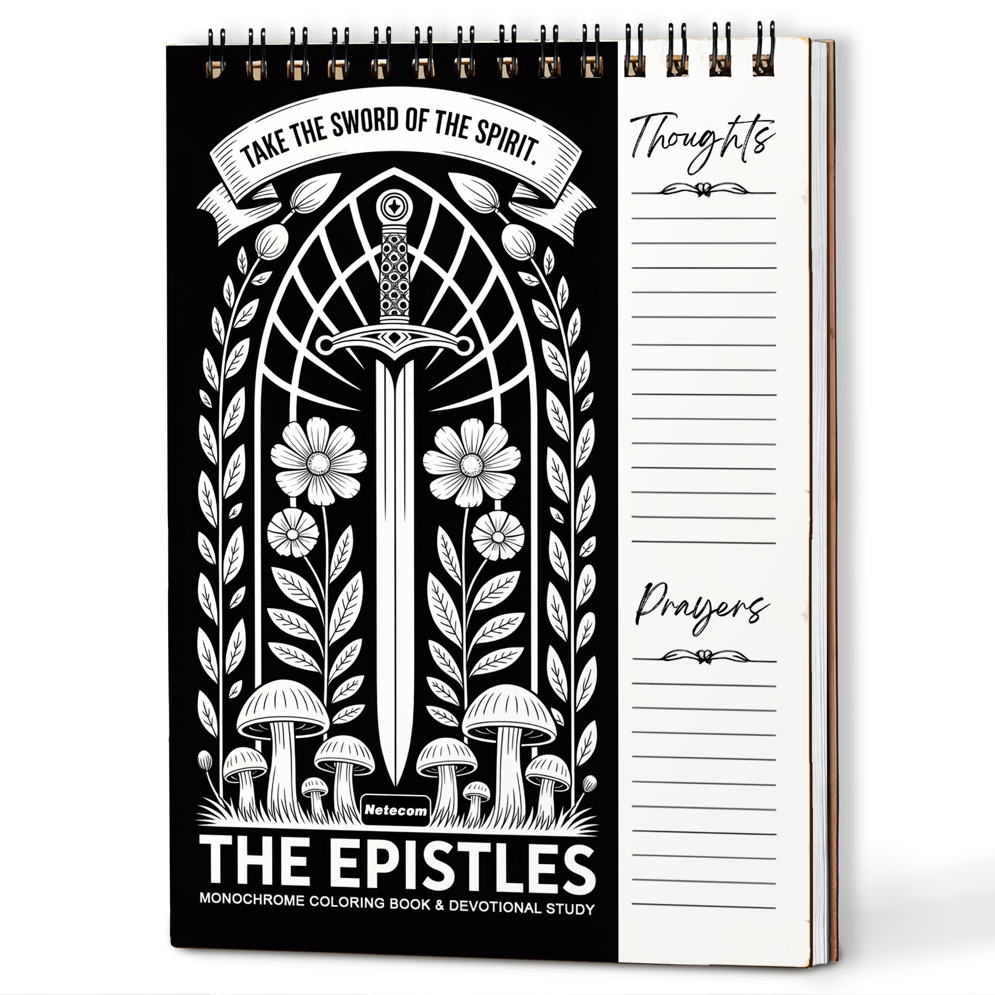 The Epistles Monochrome Coloring Book for Adults, 30 Minimalist Scripture Art Pages with Reflection & Prayer Space, Spiral Bound, A4 or A5 Softcover or Wood Cover