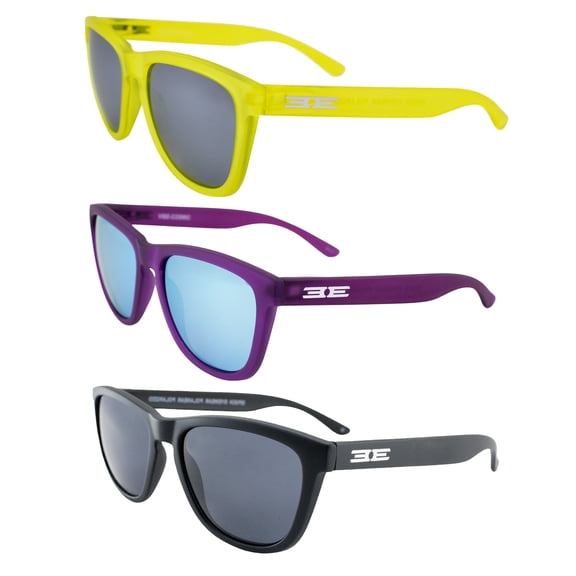 Epoch Eyewear Vibe Polarized Sunglasses Women Men 3 Pairs Yellow w/Silver Mirror Lens Purple w/Blue Mirror Lens & Black w/Smoke Lens