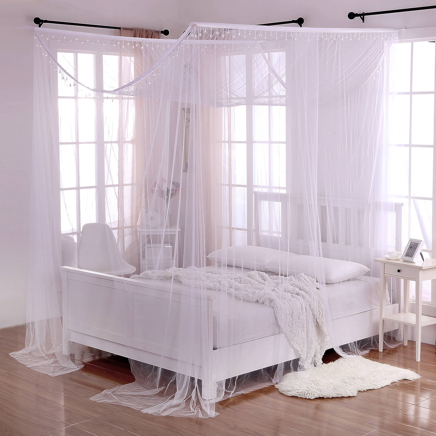 White Polyester Square 4-Post Bed Canopy with Mosquito Netting