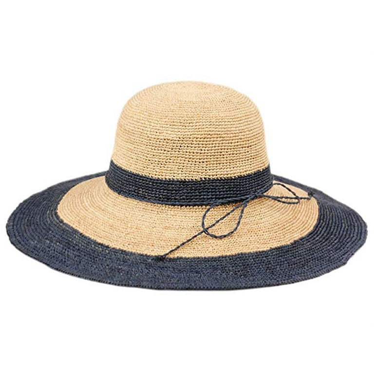 Wide Brim Straw Sun Hat in Navy and Natural Handwoven Natural Raffia Straw Floppy Hat - Boardwalk Style  main image 3