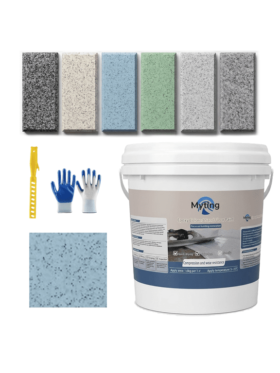 Epoxy Colored Sand Floor Paint, Epoxy Floor Paint High Gloss Marble Effect Coating for Indoor and Outdoor, Wear-resistant and non-slip Self-leveling Coating Blue 35OZ(1KG)