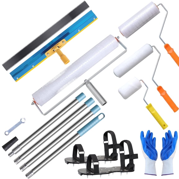 Epoxy Floor Self Leveling Cement Tool Kit - Includes 16-63 Telescopic Poles,Self-Leveling Rake, 2 Spiked Roller, 2 Flooring Construction Painter Roller, Epoxy Spike Shoes and Glove