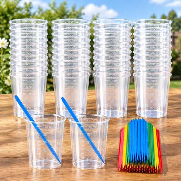 Epoxy Mixing Cups Kit, 40PCS 100ml Disposable Graduated Cups Transparent Scale Cups with 50 Pack Pointed Stirring Sticks for Paint Mixing, Jewelry Making, Liquid Measuring
