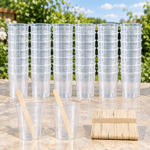 Epoxy Mixing Cups Kit, 40PCS 100ml Disposable Graduated Cups Transparent Scale Cups with 50 Pack Wooden Stirring Sticks for Paint Mixing, Jewelry Making, Liquid Measuring